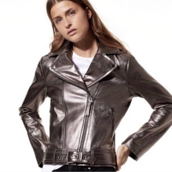 BNWT Mackage for Aritzia Women's Jacket Metallic Silver Leather Moto Biker Sz M - Picture 4 of 17